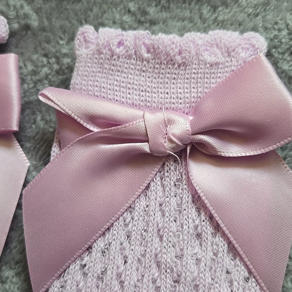 Baby Girl Purple Knit Knee High Socks Vintage Style Holiday Kids Bow Accessory